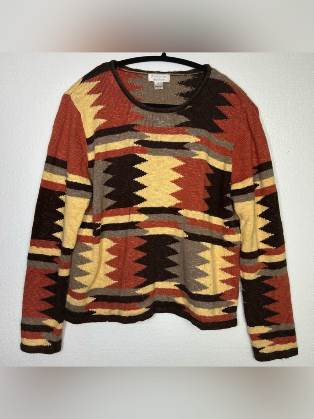 Christopher & Banks Southwestern Aztec Geometric Sweater Rust Brown Size L